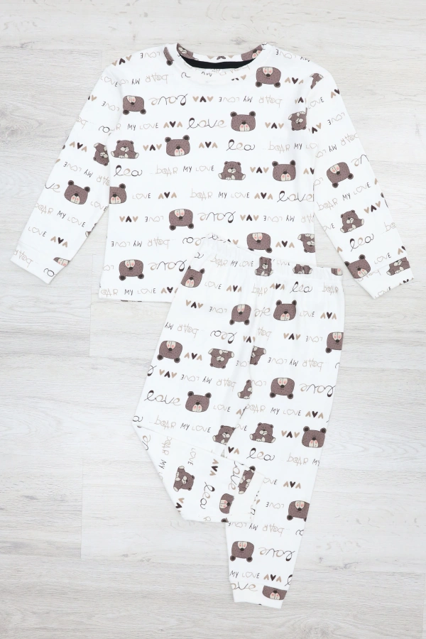 Çocuk Beyazkahve Desenli Pamuklu Rahat Kesim Pijama Takımı 4