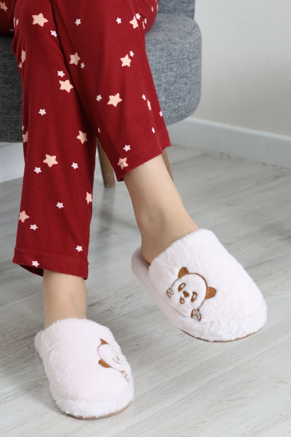Kadın Pudra Patili Kalp Desenli Peluş Ev Terliği