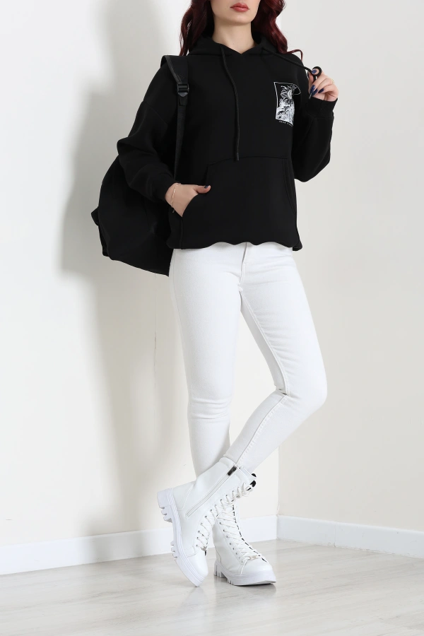 Kadın Siyah Kapüşonlu Baskılı Oversize Sweat 4
