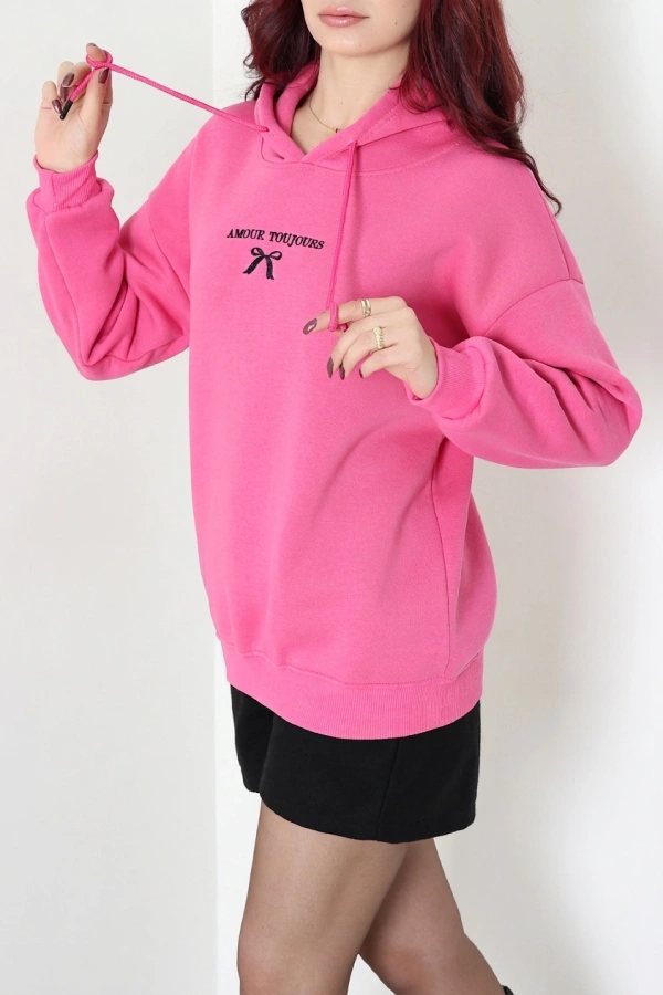 Kadın Pembe Üç İplik Kapüşonlu Nakışlı Sweat Tunik 5