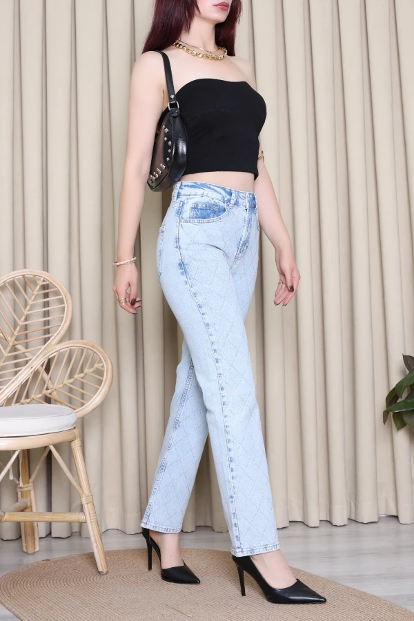 Premium Taşlı Straight Kot Pantolon Buzmavi 5
