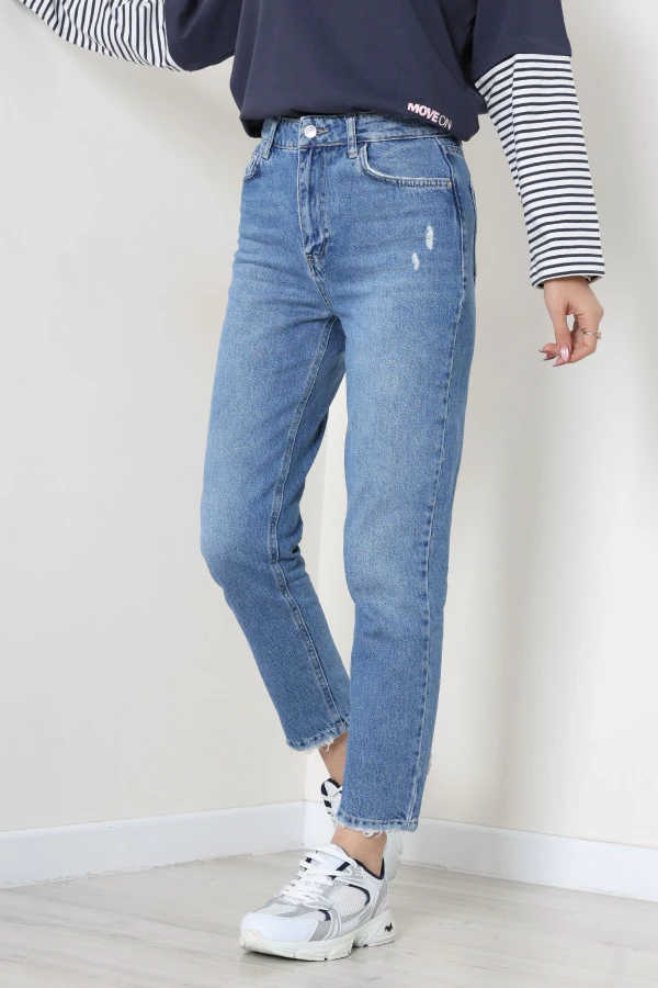 Kadın Mavi Mom Fit Yüksek Bel Pamuklu Kot Pantolon 4