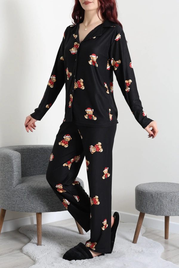 Kadın Siyah Kırmızı Süet Düğmeli Pijama Takımı 7