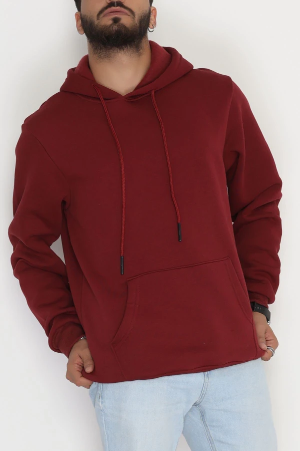 Kanguru Cepli Şardonlu 3 İplik Erkek Sweat Bordo 5