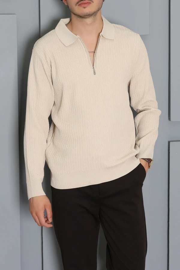 Fermuarlı Polo Yaka Erkek Triko Sweat Taş 2