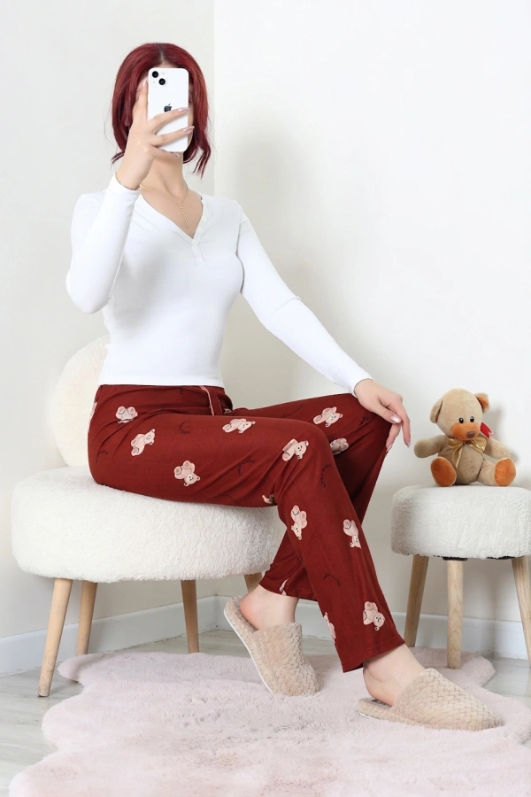 Desenli Süet Pijama Altı Kahveayı 2