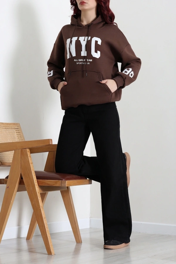 Kadın Kahve Kapüşonlu Baskılı Oversize Sweat Tunik 2