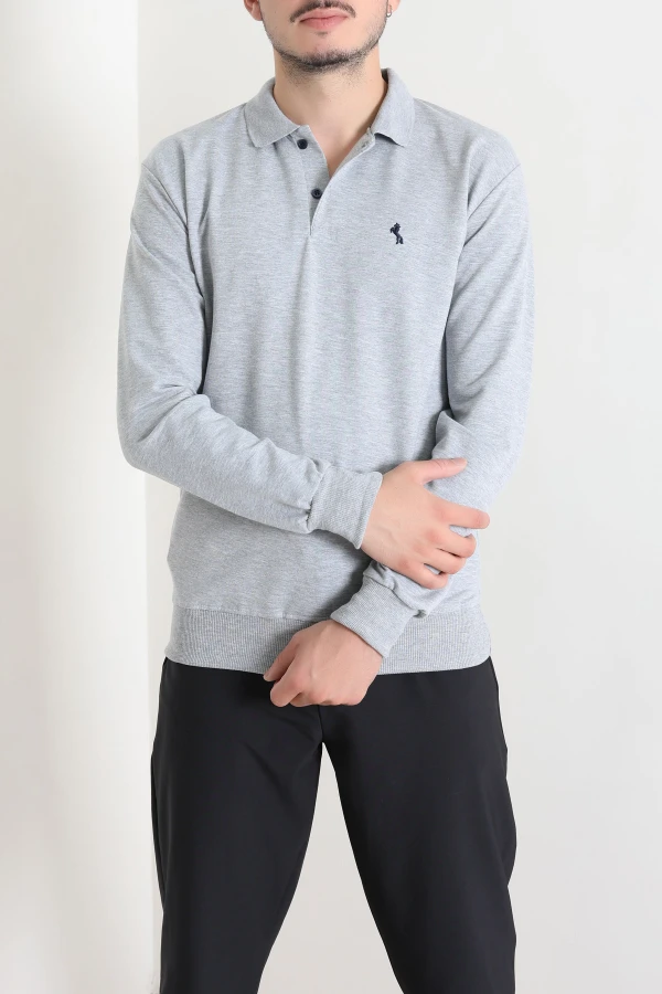 2 İplik Likralı Polo Yaka Erkek Sweat Gri 3