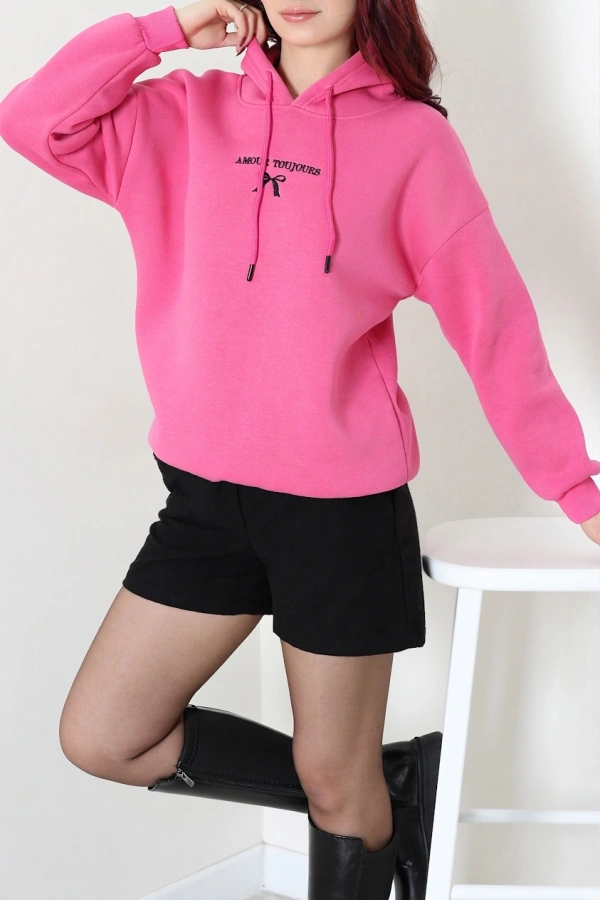 Kadın Pembe Üç İplik Kapüşonlu Nakışlı Sweat Tunik