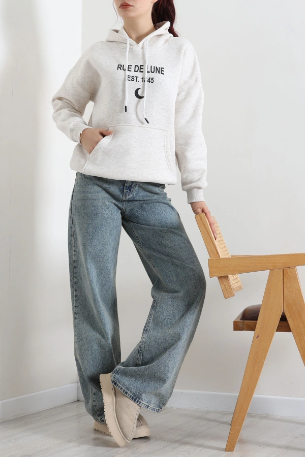 Kapşonlu Baskılı Sweat Bej 4