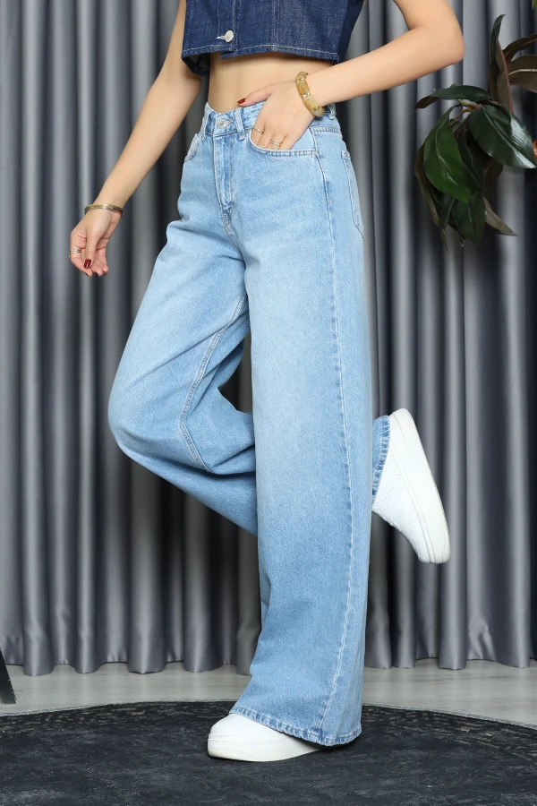 Kadın Mavi Wide Leg Yüksek Bel Kot Pantolon 5