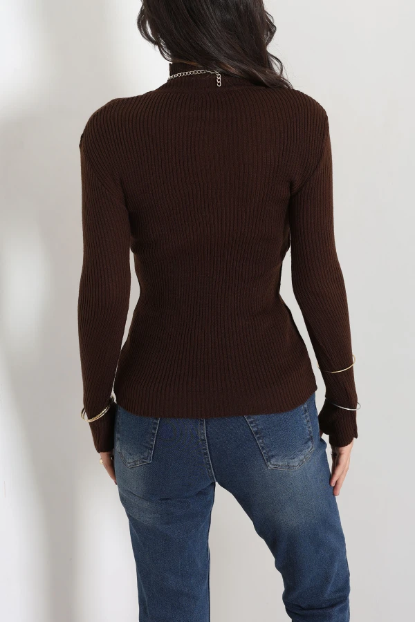 Dik Yaka Parmak Geçmeli Triko Body Acıkahve 8