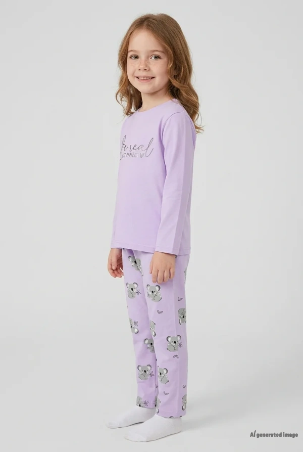Çocuk Lila Uzun Kollu Pijama Takımı 5-9 Yaş Pamuklu 2