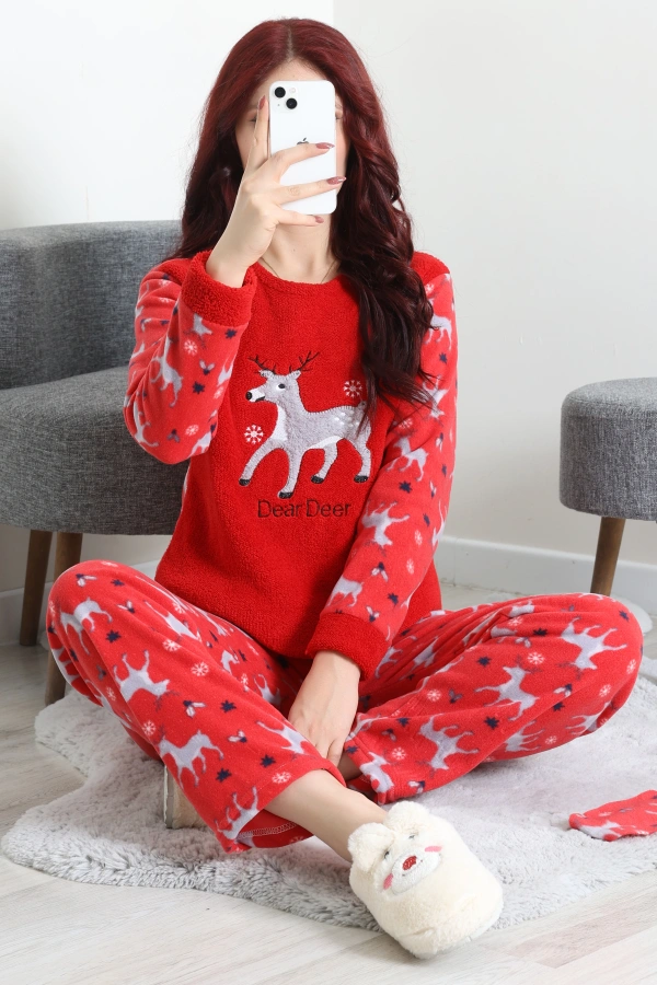 Kadın Kırmızı Welsoft Pijama Takımı Kışlık Rahat Fitilli 3