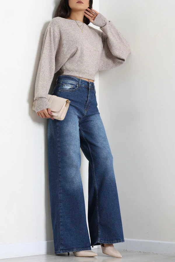 Kadın Koyu Mavi Yüksek Bel Wide Leg Kot Pantolon 6