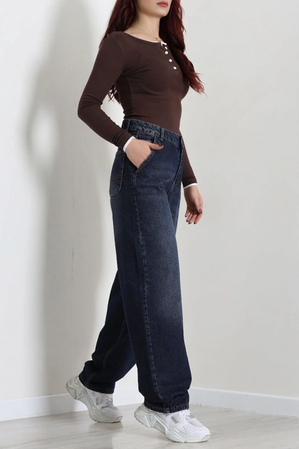 Kadın Lacivert Yüksek Bel Baggy Fit Bol Kesim Kot Pantolon