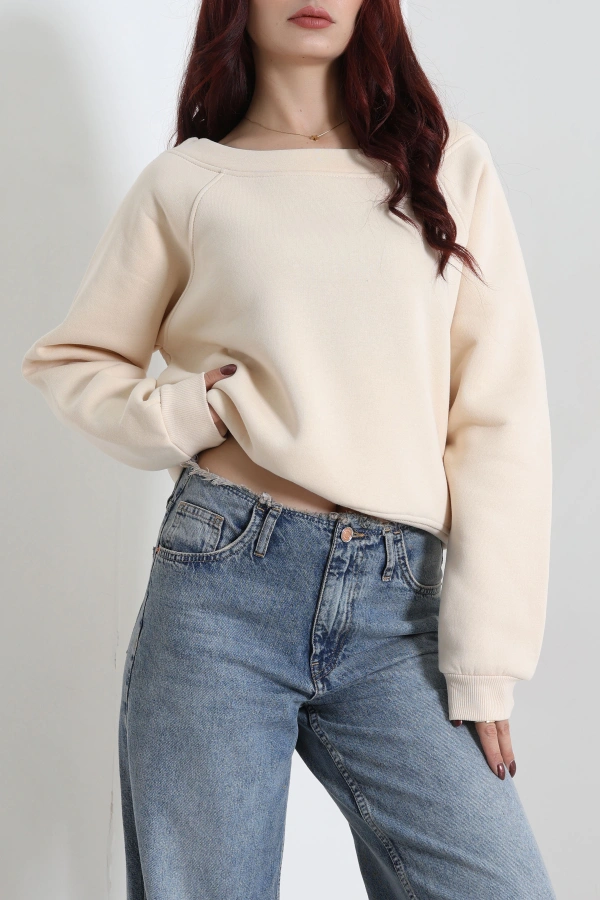 Kadın Bej 3 İplik Şardonlu Kayık Yaka Sweatshirt