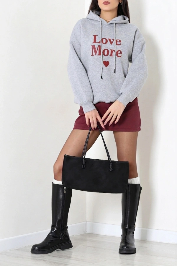 Kadın Gri Üç İplik Kapüşonlu Baskılı Sweatshirt Tunik 2