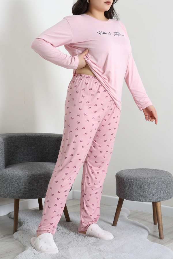 Kadın Pudra Büyük Beden Baskılı Pamuklu Pijama Takımı 3