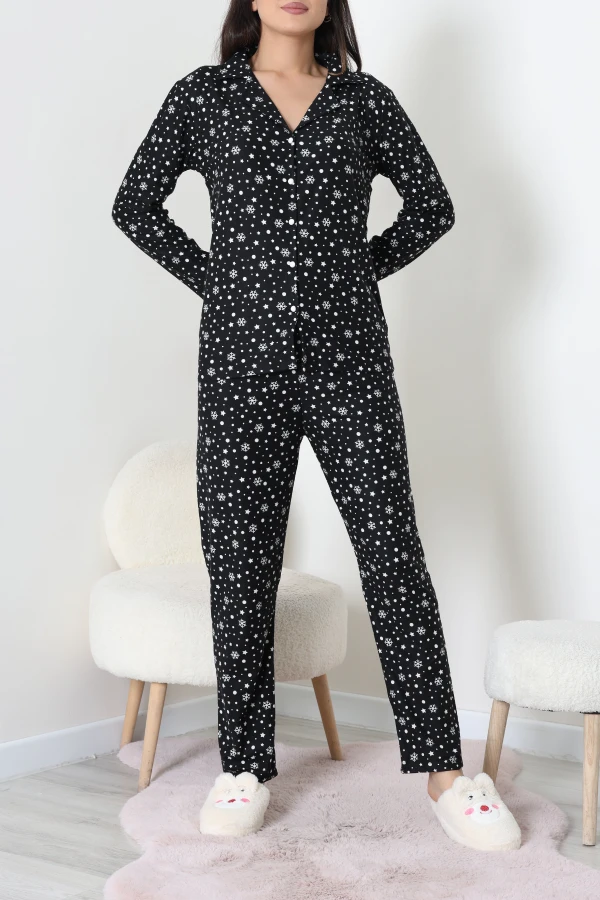 Süet Düğmeli Pijama Takımı Siyahdesenli 3