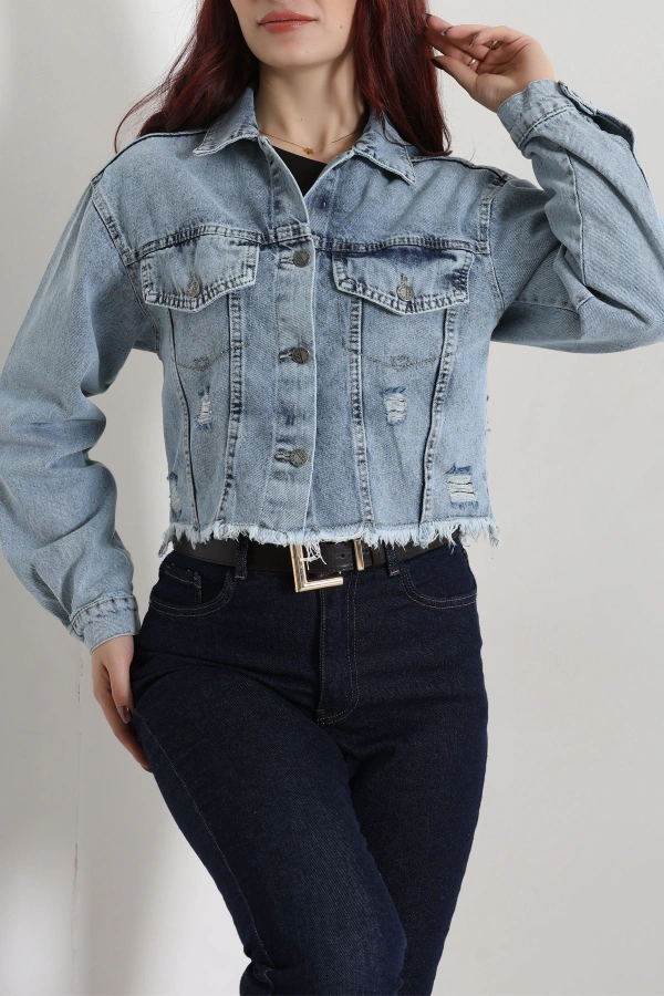 Kadın Buz Mavi Crop Kot Ceket Oversize Fitli