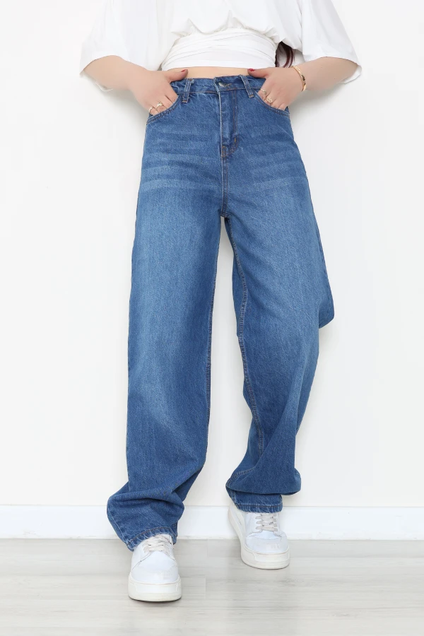 Kadın Mavi Baggy Fit Yüksek Bel Kot Pantolon 2