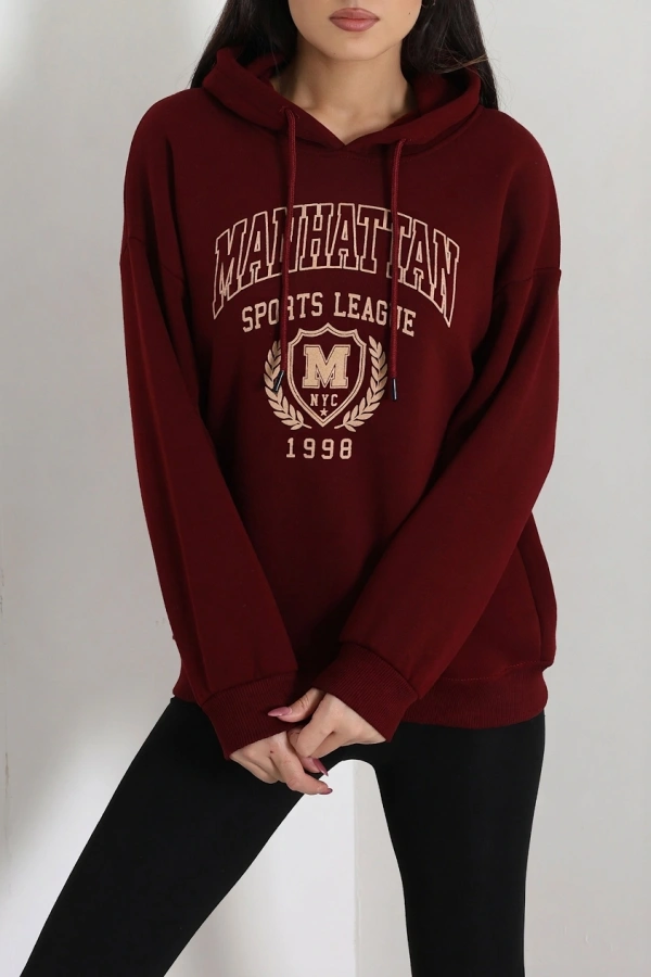 Kadın Bordo Üç İplik Kapüşonlu Baskılı Sweat Tunik 3