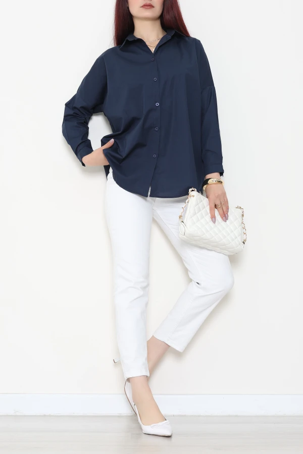 Oversize Poplin Gömlek Lacivert 2