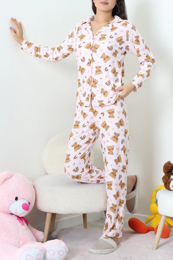 Süet Düğmeli Pijama Takımı Pembekahve 8