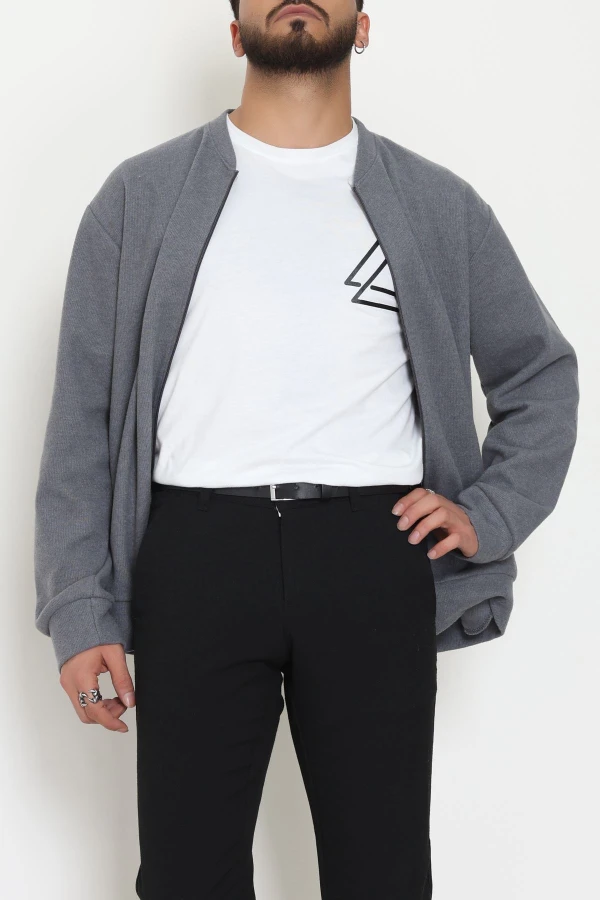 Fermuarlı Selanik Kumaş Erkek Sweat Füme 3