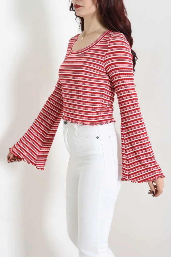 Çizgili Crop Bluz Kırmızı 2