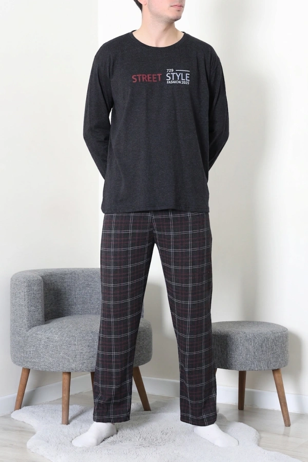 Erkek Siyah Bordo Ekose Bisiklet Yaka Uzun Kol Cepli Pijama Takımı 6