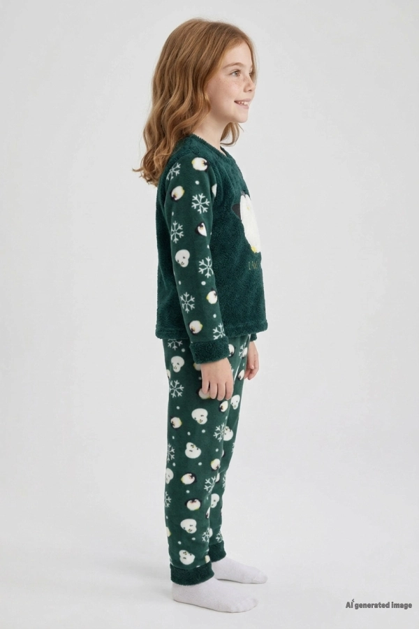 Çocuk Koyu Yeşil Welsoft Pijama Takımı Rahat Kalıp 2