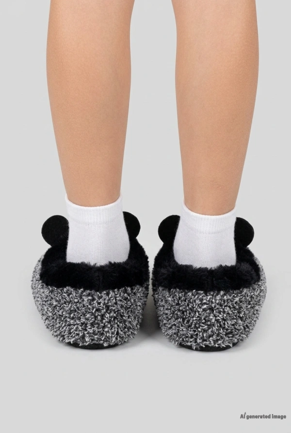 Çocuk Gri-Siyah Ev Panduf Sıcak Peluş Kaymaz Taban 3