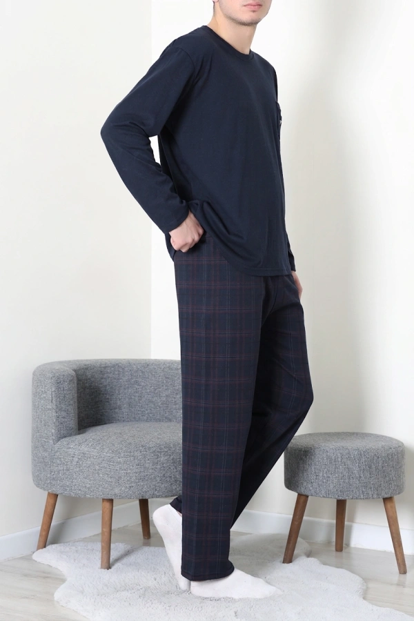 Erkek Koyu Lacivert Süprem Ekose Bisiklet Yaka Uzun Kol Cepli Pijama Takımı 4