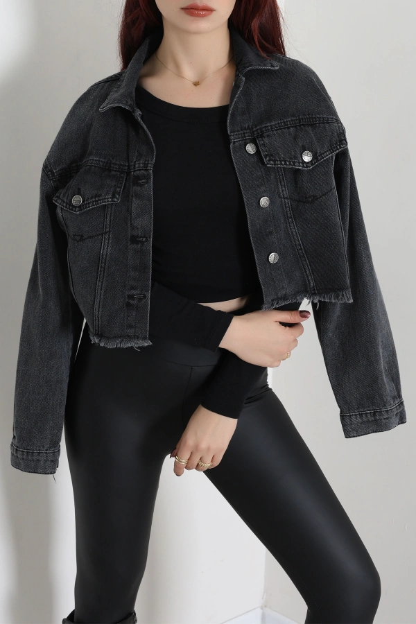 Kadın Füme Crop Kot Ceket Yüksek Bel Kısa Kesim Casual 5
