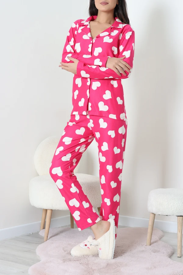 Süet Düğmeli Pijama Takımı Fuşya 5