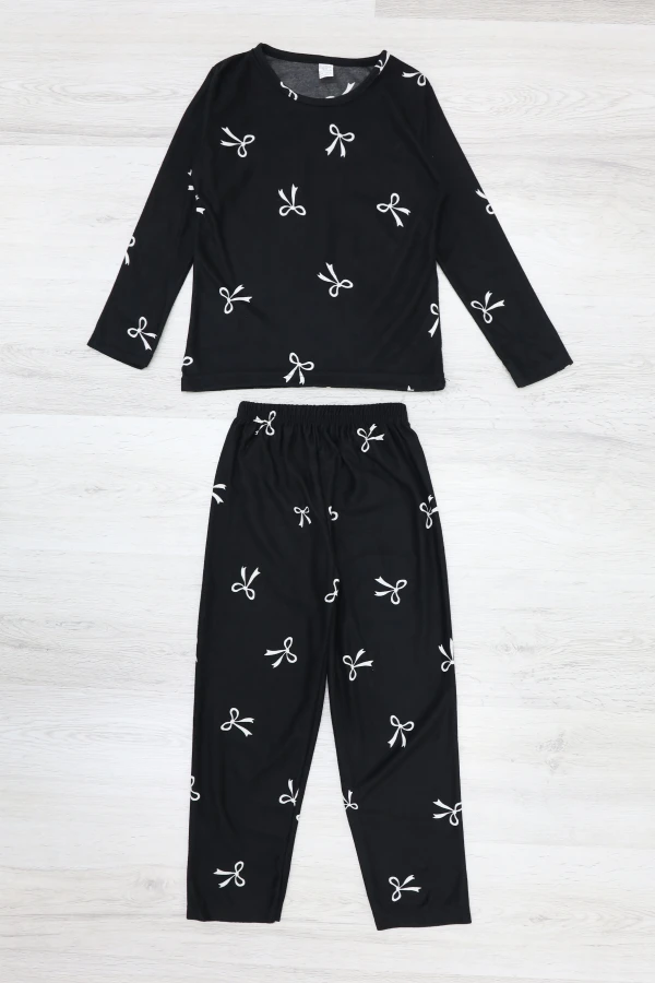 Çocuk Siyah Süet Pijama Takımı 5-14 Yaş Kurdele Detaylı 5