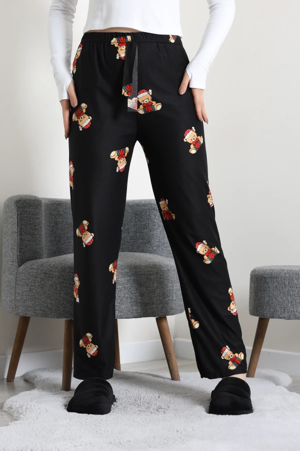 Kadın Siyah Kırmızı Desenli Süet Pijama Altı