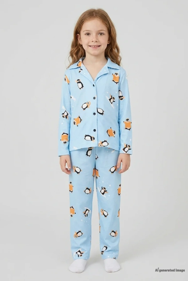 5-12 Yaş Baskılı Süet Düğmeli Çocuk Pijama Takımı Bebemavi