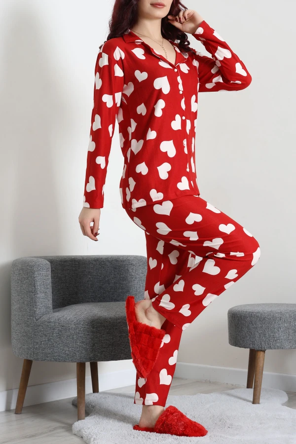 Kadın Bordo Süet Düğmeli Kalpli Pijama Takımı 6