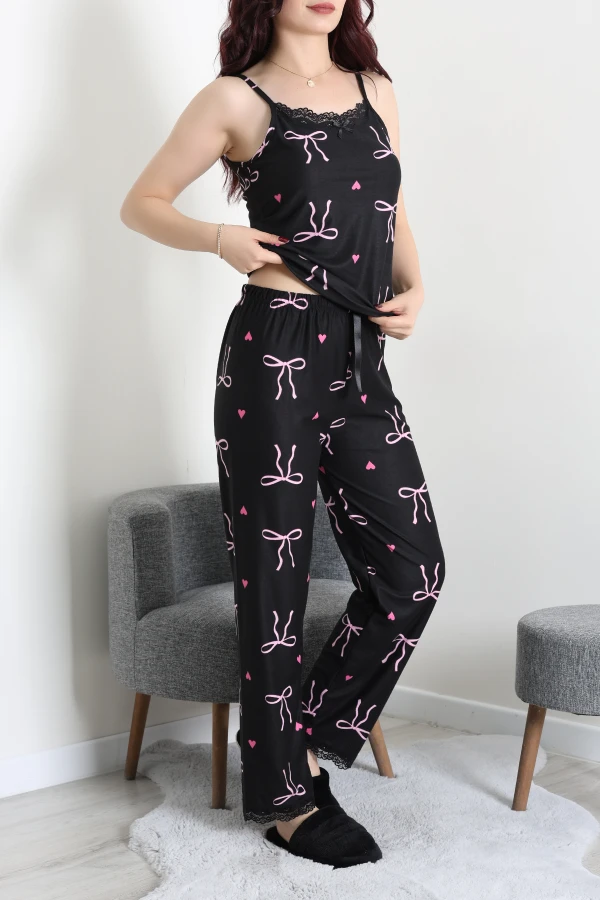Süet 3'Lü Pijama Set Siyahkurdele 2