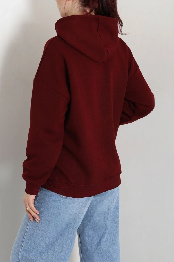 Kapşonlu Baskılı Sweat Bordo 8