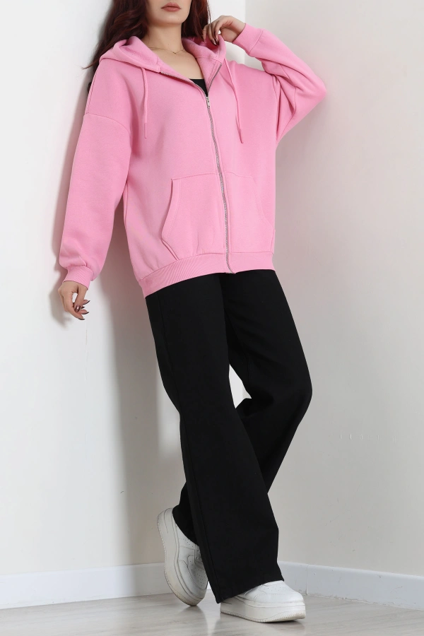 Kadın Pembe 3 İplik Şardonlu Fermuarlı Salaş Sweat 6