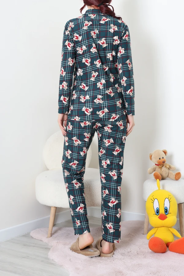 Süet Düğmeli Pijama Takım Zümrüt 8