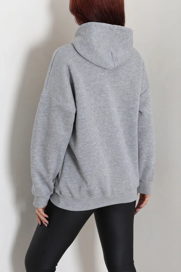 Kadın Gri Üç İplik Baskılı Kapüşonlu Sweat Tunik 8