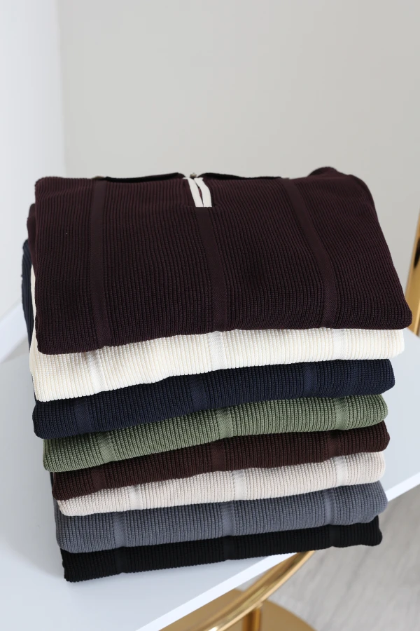 Çizgili Polo Yaka Erkek Triko Sweat Mürdüm 9