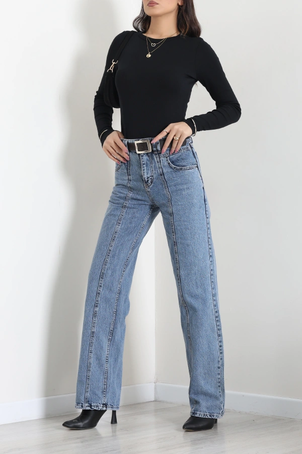Kadın Açık Mavi Kemerli Straight Fit Yüksek Bel Kot Pantolon 6