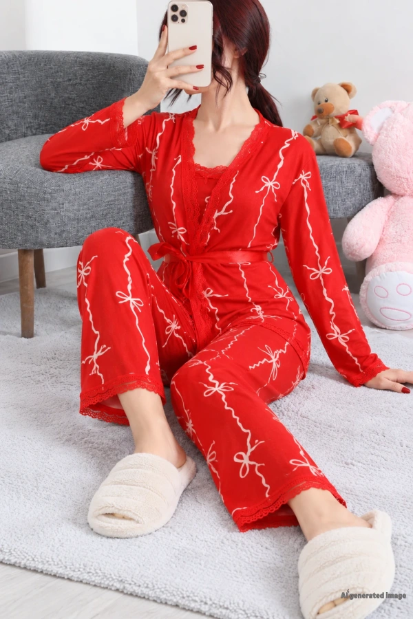 Süet 3'Lü Pijama Set Kırmızı