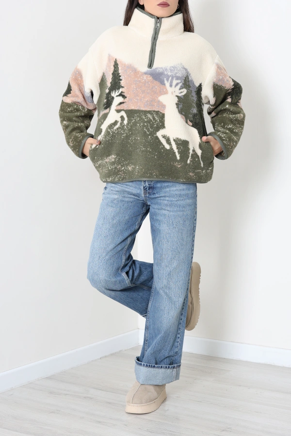 Kadın Bej Baskılı Peluş Sweat Ceket Yelek 4